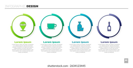 Set Alcohol bar location, Coffee cup, drink Rum and Champagne bottle. Business infographic template. Vector