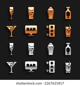 Set Alcohol bar location, drink Rum, Cocktail Bloody Mary, Street signboard with Bar, Martini glass, shaker, Glass of champagne and beer icon. Vector