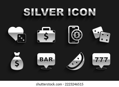Set Alcohol bar location, Game dice, Slot machine with jackpot, Casino slot watermelon, Money bag, Online poker table game,  and Briefcase and money icon. Vector