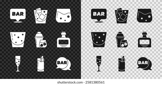 Set Alcohol bar location, Glass of whiskey, champagne, Cocktail Bloody Mary, Street signboard with Bar, rum and shaker icon. Vector