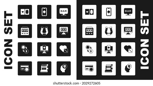 Set Alcohol bar location, Horseshoe, Slot machine with jackpot, Deck of playing cards, Online slot, poker table game, Game dice and Casino chips exchange money icon. Vector