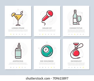 Set of alcohol and bar, night club colored elements for multipurpose a4 presentation template. Leaflet, corporate report, marketing, advertising,  book cover design.