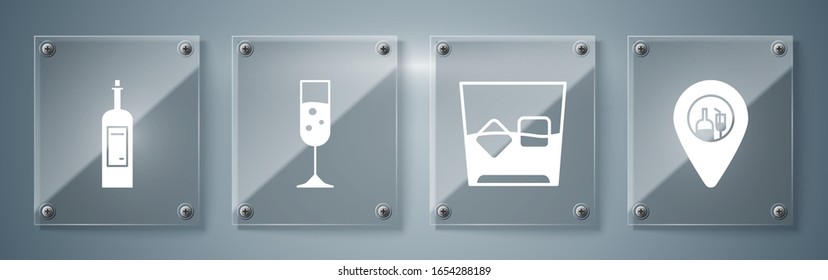 Set Alcohol or beer bar location , Glass of whiskey and ice cubes , Glass of champagne  and Bottle of wine . Square glass panels. Vector