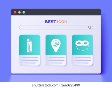 Set Alcohol or beer bar location , Lighter  and Festive mask  icon. Vector