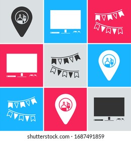 Set Alcohol or beer bar location , Video game console  and Carnival garland with flags  icon. Vector