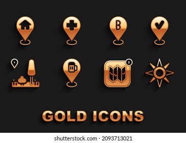 Set Alcohol or beer bar location, Location with check mark, Wind rose, Infographic of city map, City navigation, house and Medical cross icon. Vector