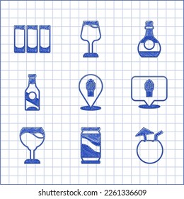 Set Alcohol or beer bar location, Beer can, Coconut cocktail, Wine glass, bottle, Bottle of cognac brandy and Shot icon. Vector