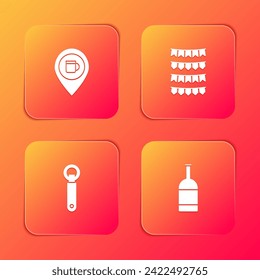 Set Alcohol or beer bar location, Carnival garland with flags, Bottle opener and Beer bottle icon. Vector