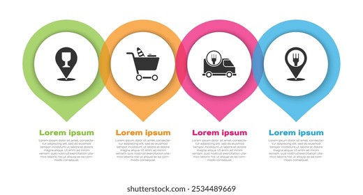 Set Alcohol or beer bar location, Shopping cart and food, Fast delivery by car and Cafe and restaurant location. Business infographic template. Vector