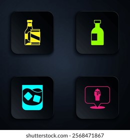Set Alcohol or beer bar location, Beer bottle and can, Glass of whiskey and vodka. Black square button. Vector