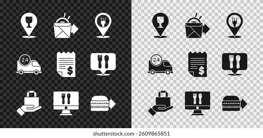 Set Alcohol or beer bar location, Online ordering noodles delivery, Cafe and restaurant, burger, Fast by car and Paper financial check icon. Vector