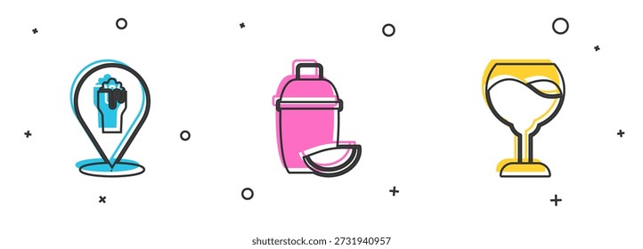 Set Alcohol or beer bar location, Cocktail shaker with lime and Wine glass icon. Vector
