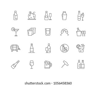 Set of Alcohol beverage outline icons isolated on white background.