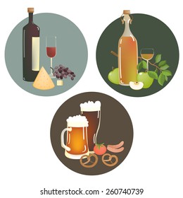 Set of alcohol beverages and snacks. Vector illustration