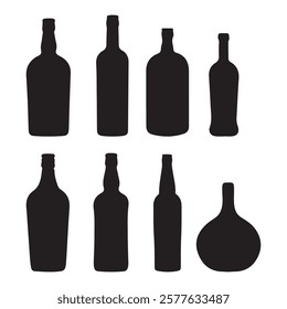 Set of alcohol bottle. Black silhouette of a vessel for various types of drinks. Wine, beer, rum, whiskey, liquor, cognac. Black illustration on white background.