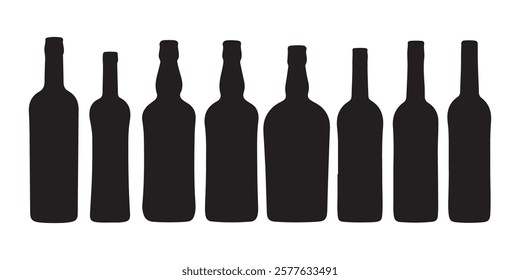 Set of alcohol bottle. Black silhouette of a vessel for various types of drinks. Wine, beer, rum, whiskey, liquor, cognac. Black illustration on white background.