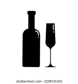 Set of alcohol bottle and glass silhouettes. Vector clip art isolate on white. Simple minimalist illustration in black color.