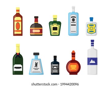 Set of alcohol bottles with different shapes and colors. flat design vector illustration isolated on white background.