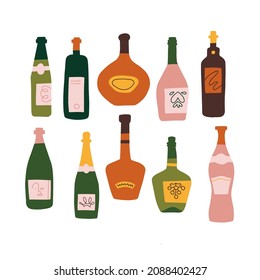 Set of alcohol bottles with different shapes and colors. Abstract flat design vector illustration isolated on white background.