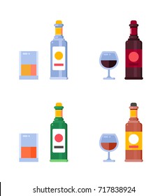 Set of alcohol bottles. Alcohol drinks. Isolated vector icon set.