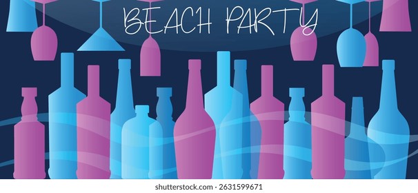Set of alcohol bottles, glasses, beach party. Drink, festival, red wine, martini, chardonnay, rum, brandy