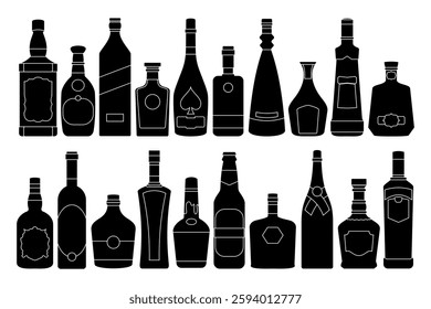 set of alcohol bottles, unique bottle vector silhouettes.