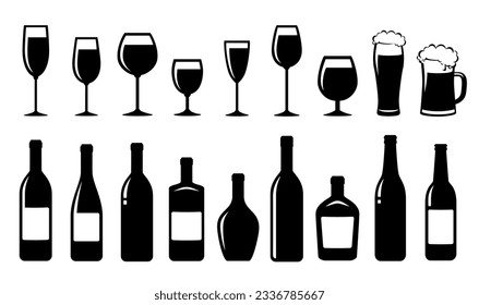 Set of alcohol bottles and wine, beer, cognac, brandy glasses and goblet