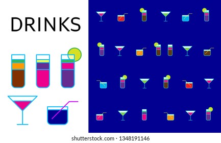 A set of alcohol cocktail patterns and example seamless background based on it.