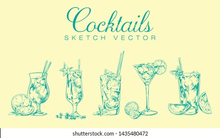 Set Alcohol Cocktail Sketch Vector Exotic Drink