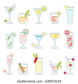 Set of alcohol cocktails and drinks with fruit, vector illustration