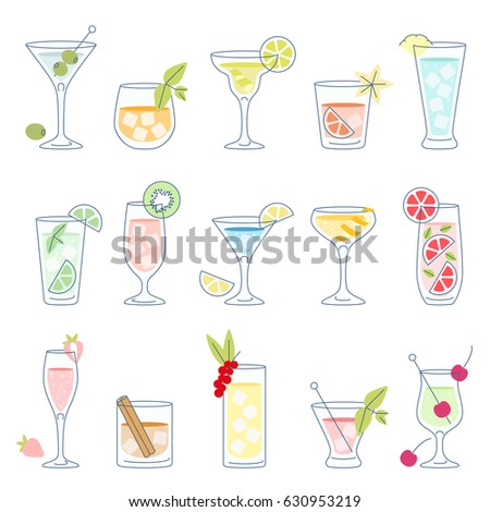 Set of alcohol cocktails and drinks with fruit, vector illustration