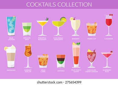 Set of alcohol cocktails icons. Flat style design. Vector illustration.