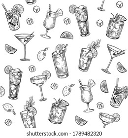 Set of alcohol cocktails. Martini, mojito, pina colada, margarita. Vector outline.