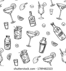 Set of alcohol cocktails. Martini, mojito, pina colada, margarita. Vector outline.