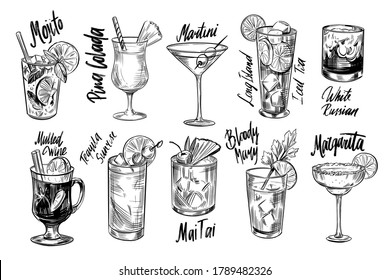 Set of alcohol cocktails. Martini, mojito, pina colada, margarita. Vector outline.