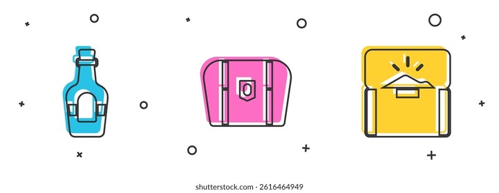 Set Alcohol drink Rum, Antique treasure chest and  icon. Vector