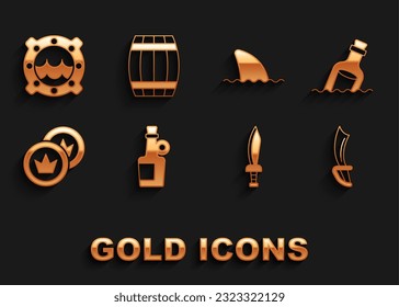 Set Alcohol Beber Rum, Botella con agua de mensaje, Espada pirata, moneda, Ola oceánica de aleta de tiburón, Margen marino de ojo de buceo y icono de barril de madera. Vector