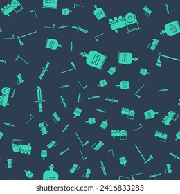 Set Alcohol drink Rum bottle, Retro train, Military knife and Tomahawk axe on seamless pattern. Vector