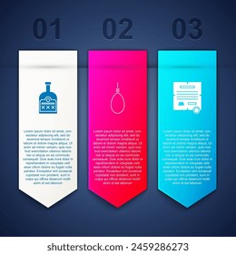Botella de ron, bucle de cuerda de horca colgando y decreto, pergamino, pergamino. Plantilla de infografía de negocios. Vector
