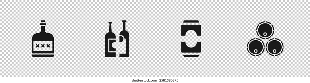 Set Alcohol drink Rum bottle, Bottles of wine, Beer can and Wooden barrels icon. Vector