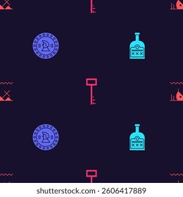 Set Alcohol drink Rum bottle, Pirate coin, key and Sunken ship on seamless pattern. Vector