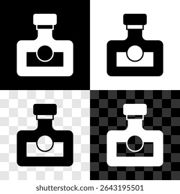 Set Alcohol drink Rum bottle icon isolated on black and white, transparent background.  Vector