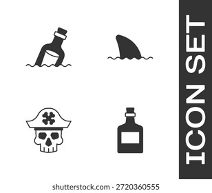 Definir bebida alcoólica Rum, Garrafa com água de mensagem, capitão pirata e Shark fin ícone da onda do oceano. Vetor