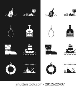 Set Alcohol drink Rum bottle, Gallows rope loop hanging, Bottle with message water, Treasure and riches, Leather pirate boots, Ship, Sunken ship and Lifebuoy icon. Vector