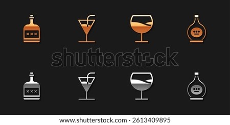 Set Alcohol drink Rum bottle, Cocktail, Wine glass and Bottle of cognac or brandy icon. Vector