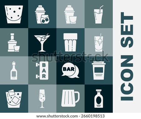 Set Alcohol drink Rum, Coffee cup to go, Cocktail Bloody Mary, shaker, Martini glass, Whiskey bottle and, Glass rum and with water icon. Vector