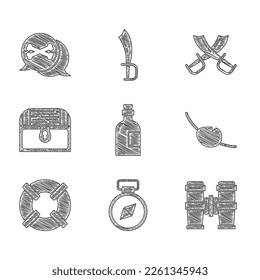Set Alcohol drink Rum, Compass, Binoculars, Pirate eye patch, Lifebuoy, Antique treasure chest, Crossed pirate swords and Location icon. Vector