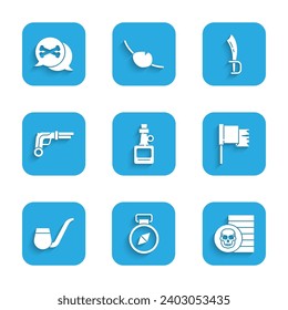 Set Alcohol drink Rum, Compass, Pirate coin, flag, Smoking pipe, Vintage pistols, sword and Location pirate icon. Vector