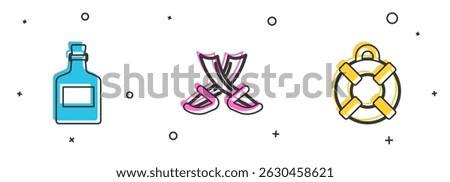 Set Alcohol drink Rum, Crossed pirate swords and Lifebuoy icon. Vector