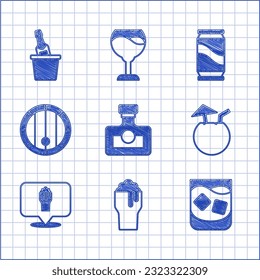 Set Alcohol drink Rum, Glass of beer, whiskey, Coconut cocktail, or bar location, Wooden barrel, Beer can and Champagne ice bucket icon. Vector